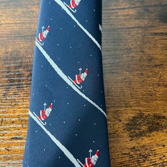 Christmas Santa Tie Skiing 3" Slim Necktie Navy Red Novelty Snow Stripe Holiday - Picture 6 of 7